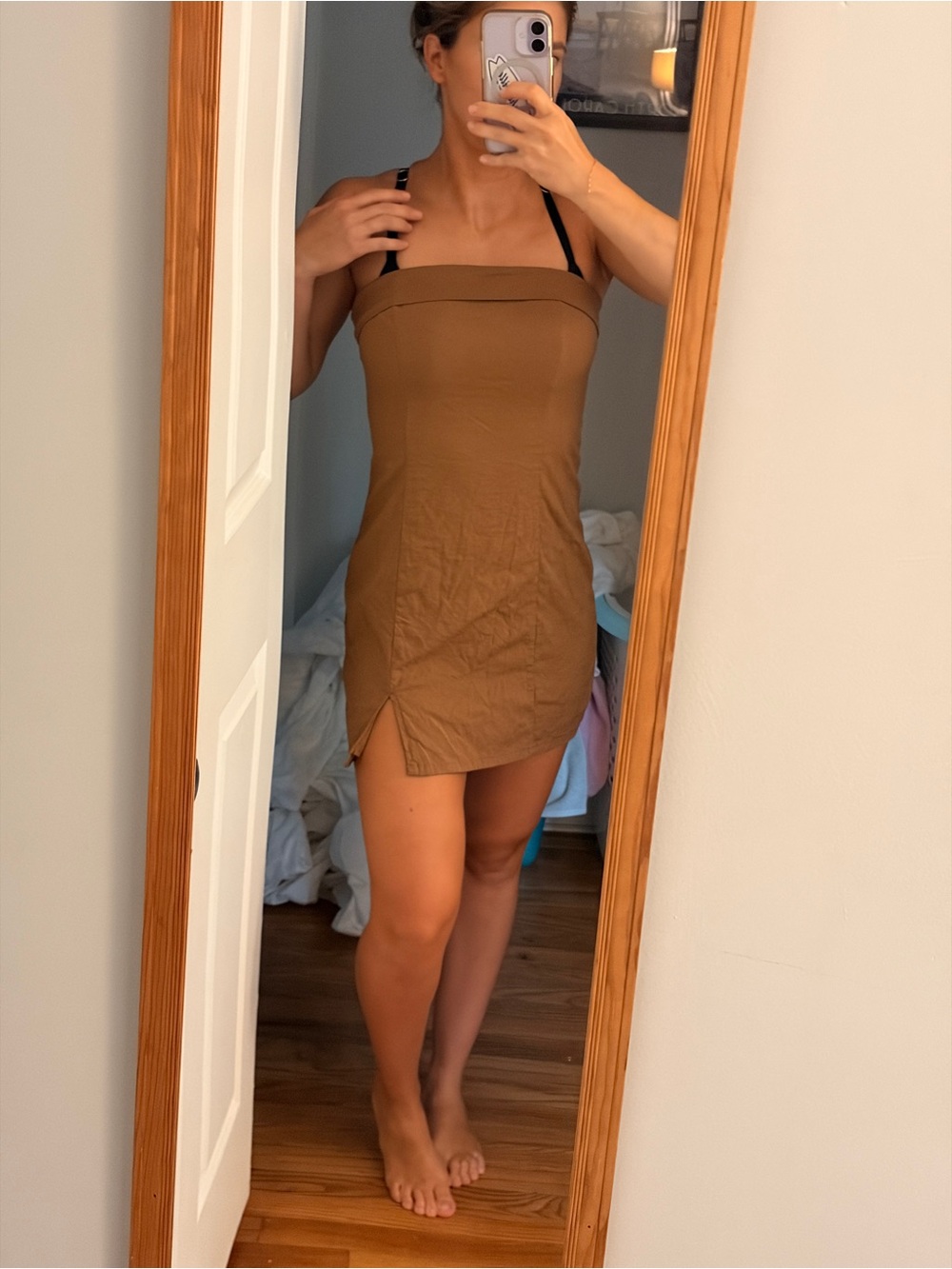 Le Lis Strapless Brown Mini Dress with Front Slit